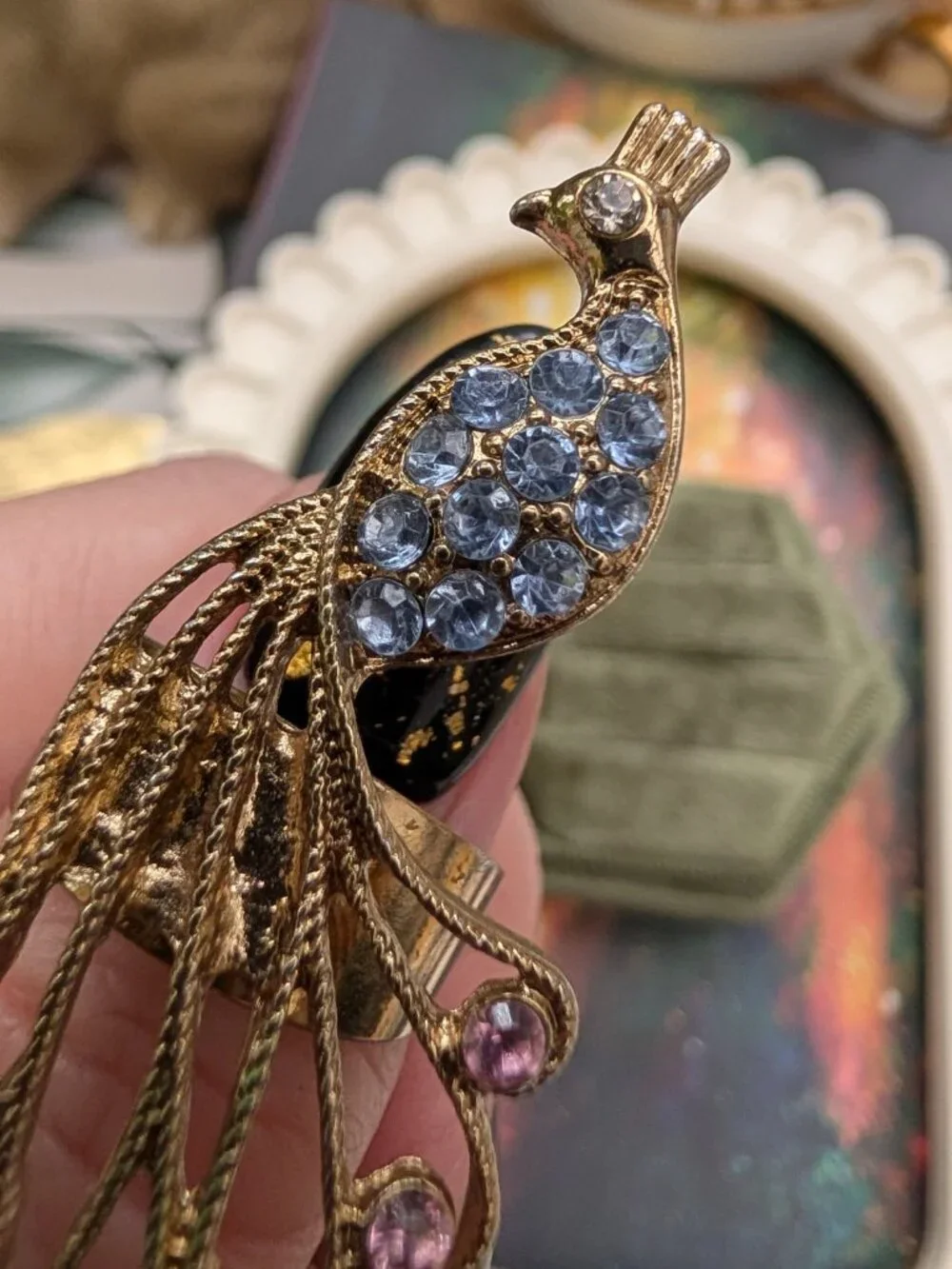 Vintage Peacock Statement Ring with Rhinestones, size 8